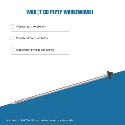 Wkręt do płyty warstwowej Info-GLOBAL ARW 0 CSG 6,4/7,0×260 mm, kolory RAL, 100 szt.